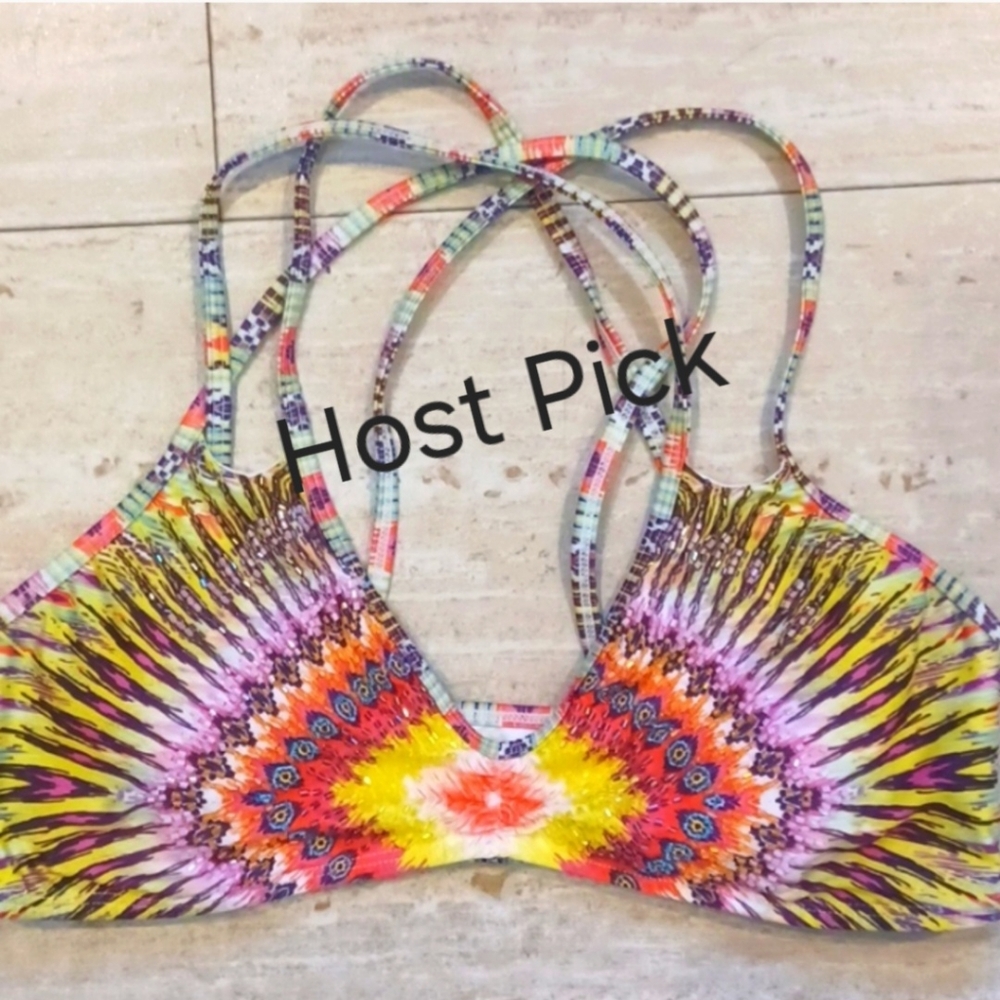 Pilyq Barcelona Multi-Colored Design Print Beaded Front Strappy Bikini Top